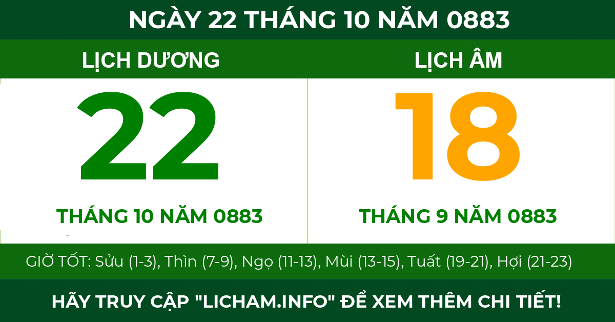 lịch âm ngày 22 tháng 10 năm 0883