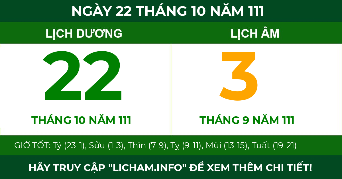 lịch âm ngày 22 tháng 10 năm 111