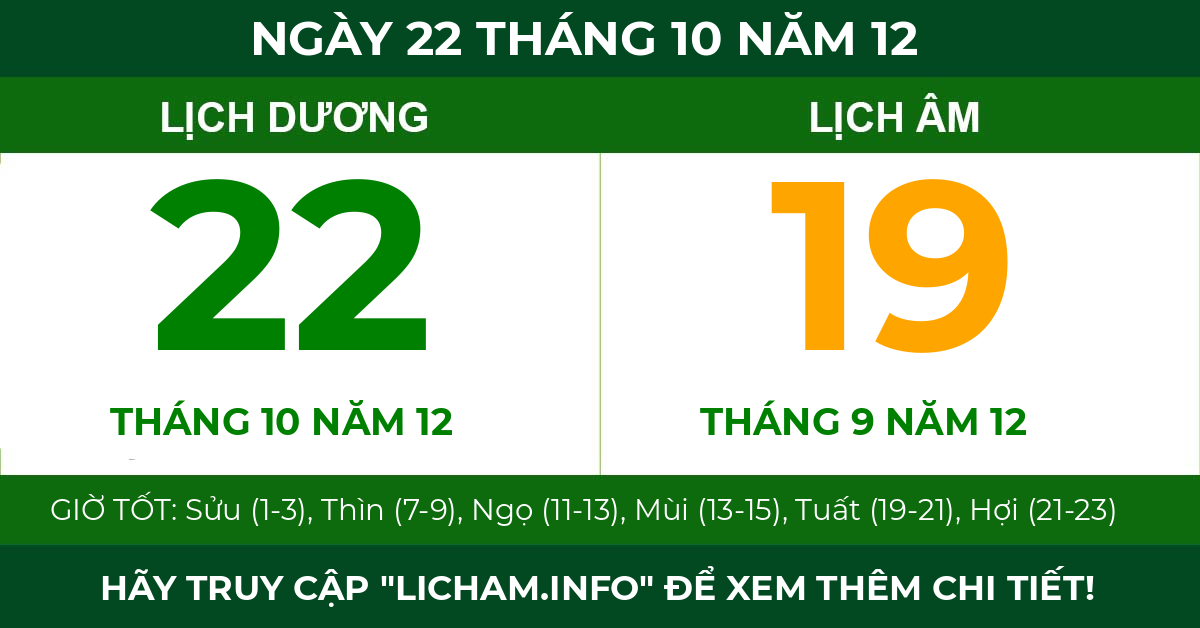 lịch âm ngày 22 tháng 10 năm 12