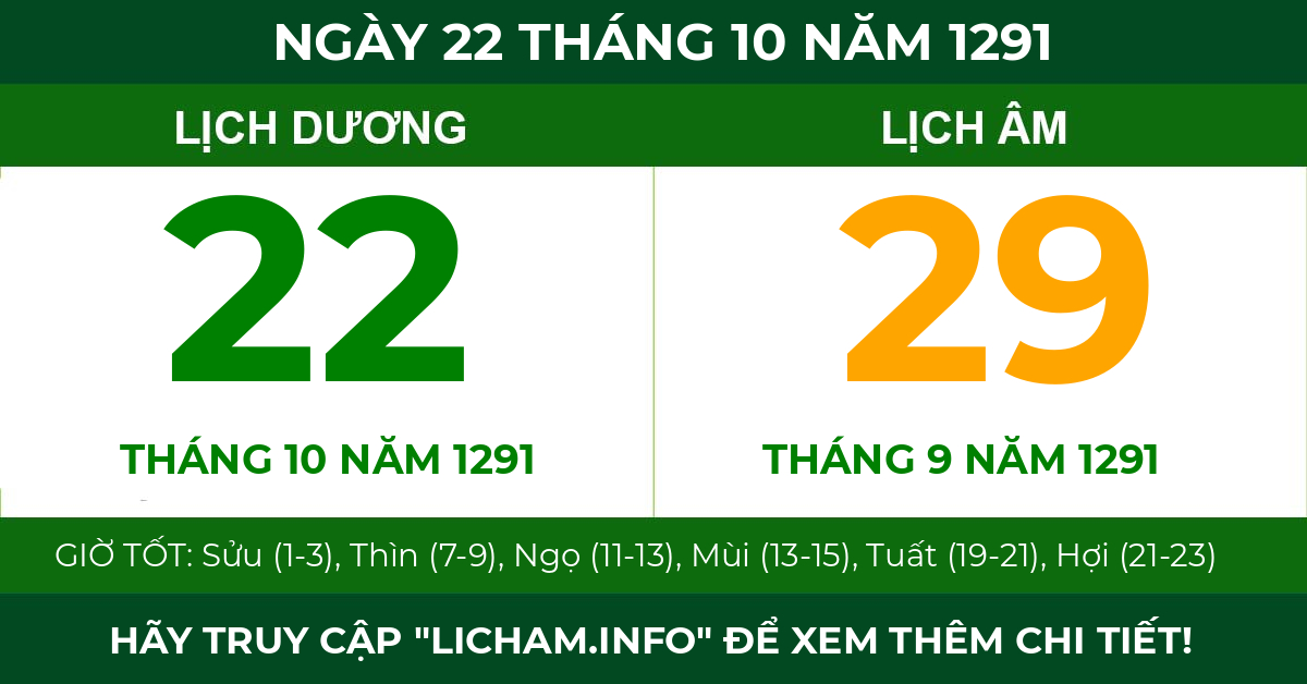 lịch âm ngày 22 tháng 10 năm 1291