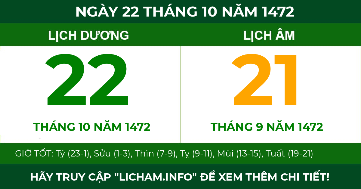lịch âm ngày 22 tháng 10 năm 1472