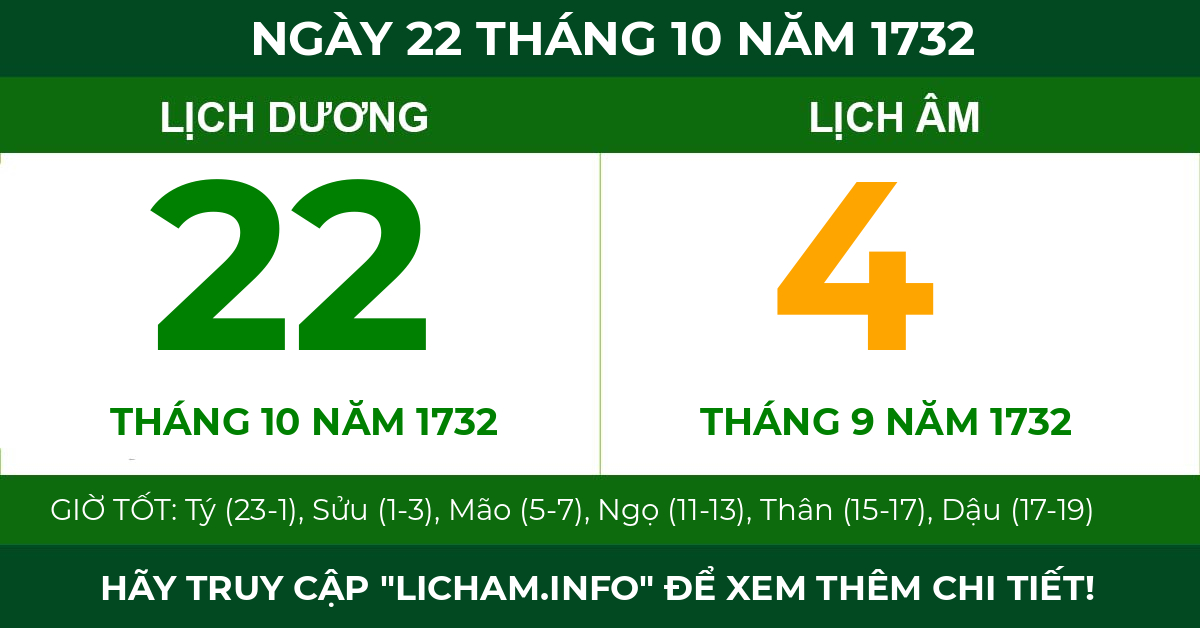 lịch âm ngày 22 tháng 10 năm 1732