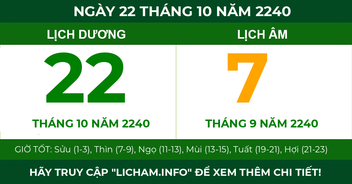 lịch âm ngày 22 tháng 10 năm 2240