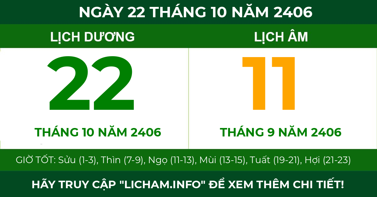 lịch âm ngày 22 tháng 10 năm 2406