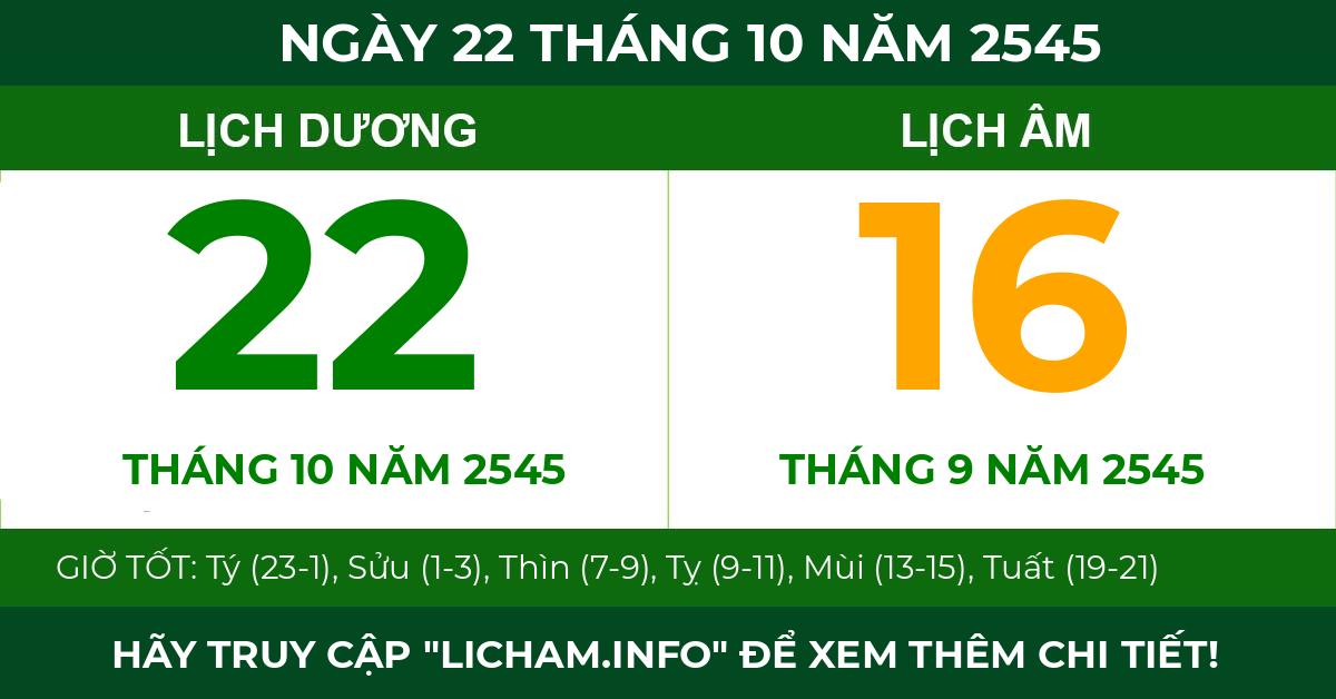 lịch âm ngày 22 tháng 10 năm 2545