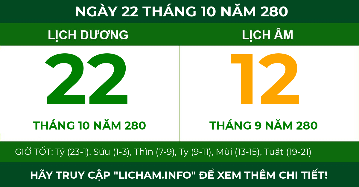 lịch âm ngày 22 tháng 10 năm 280