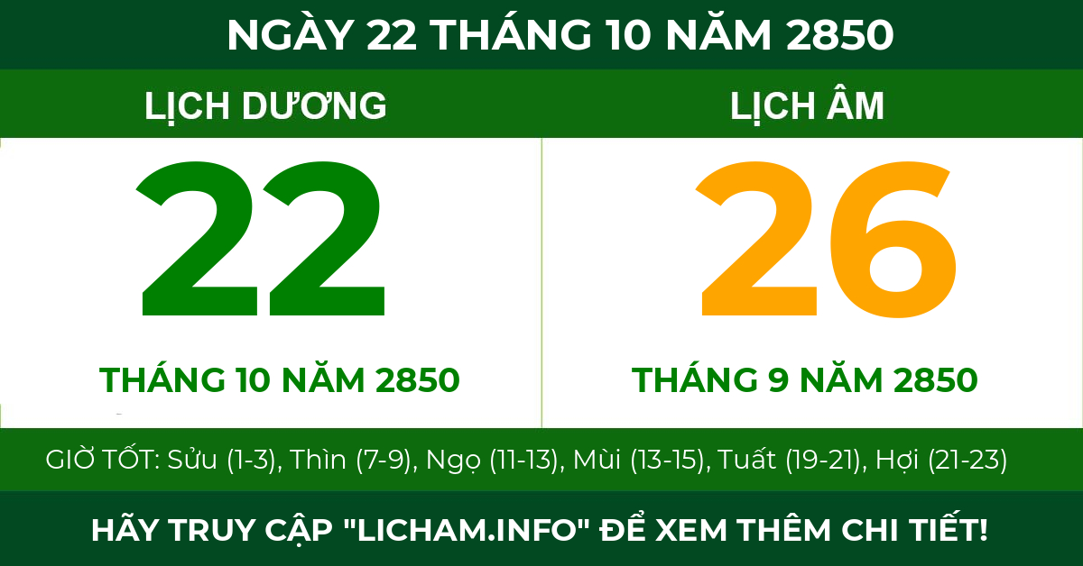 lịch âm ngày 22 tháng 10 năm 2850