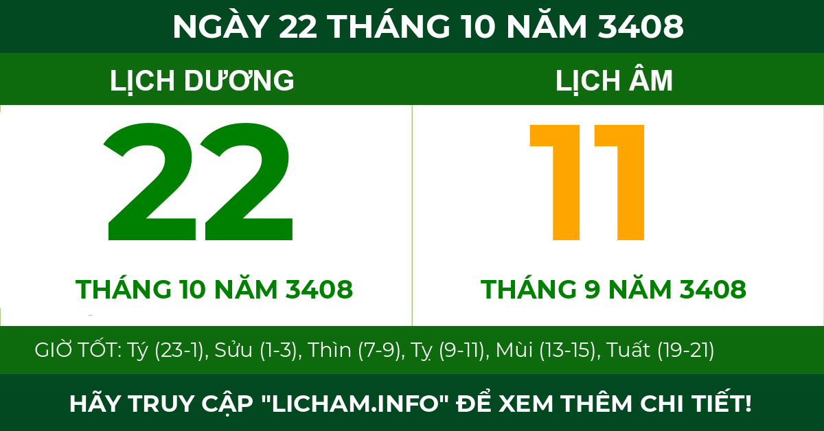 lịch âm ngày 22 tháng 10 năm 3408