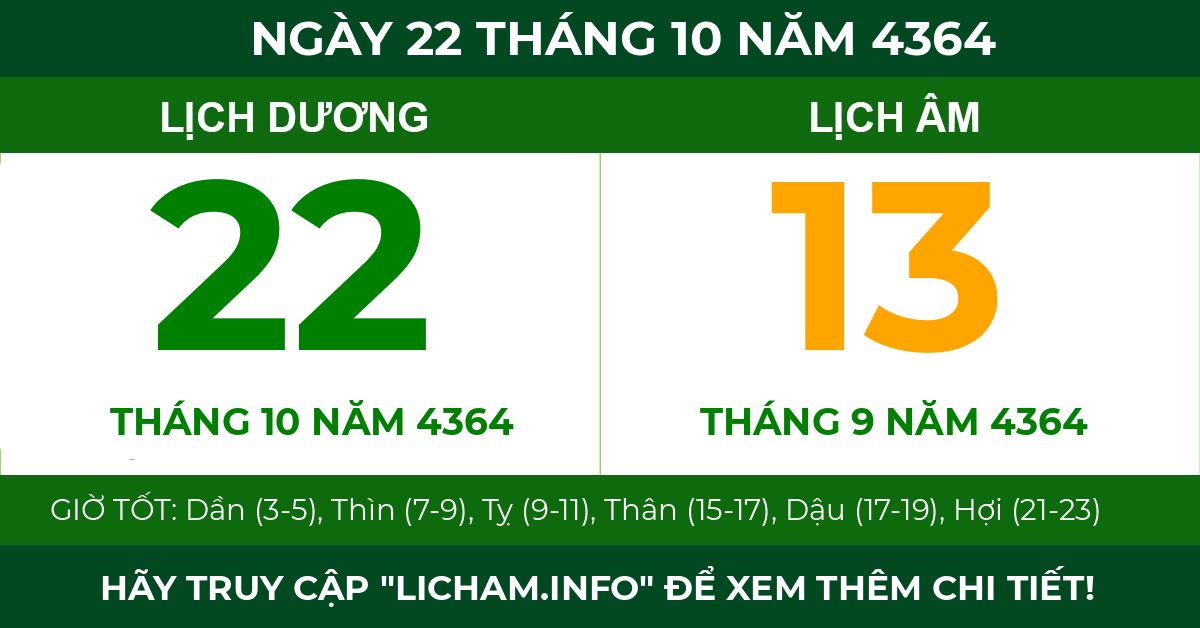 lịch âm ngày 22 tháng 10 năm 4364