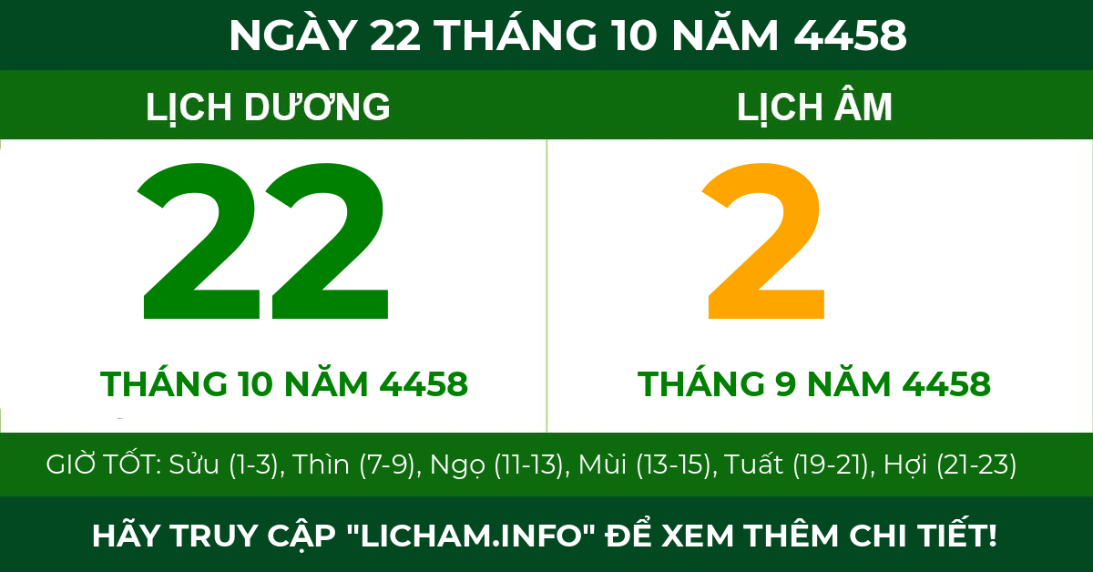 lịch âm ngày 22 tháng 10 năm 4458