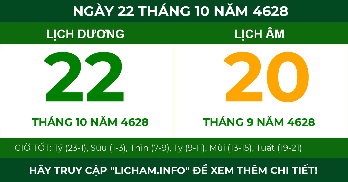 lịch âm ngày 22 tháng 10 năm 4628