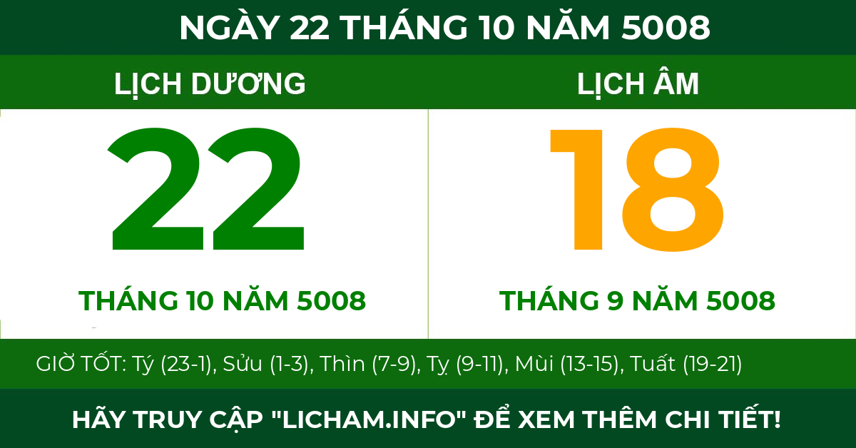 lịch âm ngày 22 tháng 10 năm 5008