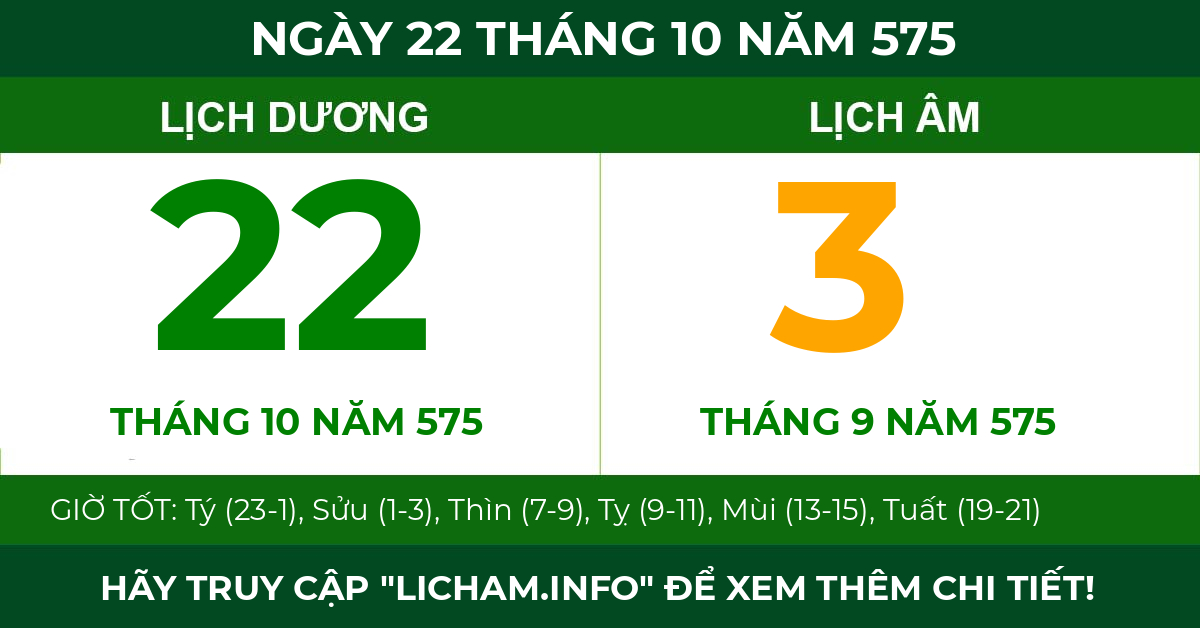 lịch âm ngày 22 tháng 10 năm 575