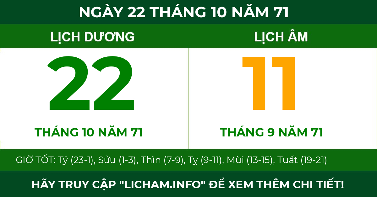 lịch âm ngày 22 tháng 10 năm 71