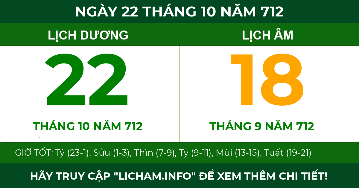 lịch âm ngày 22 tháng 10 năm 712
