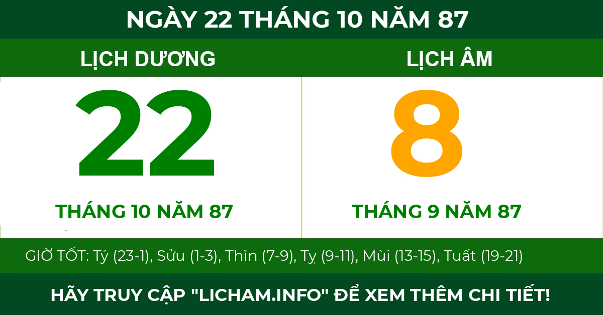 lịch âm ngày 22 tháng 10 năm 87