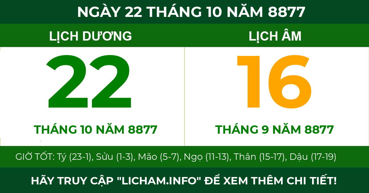 lịch âm ngày 22 tháng 10 năm 8877