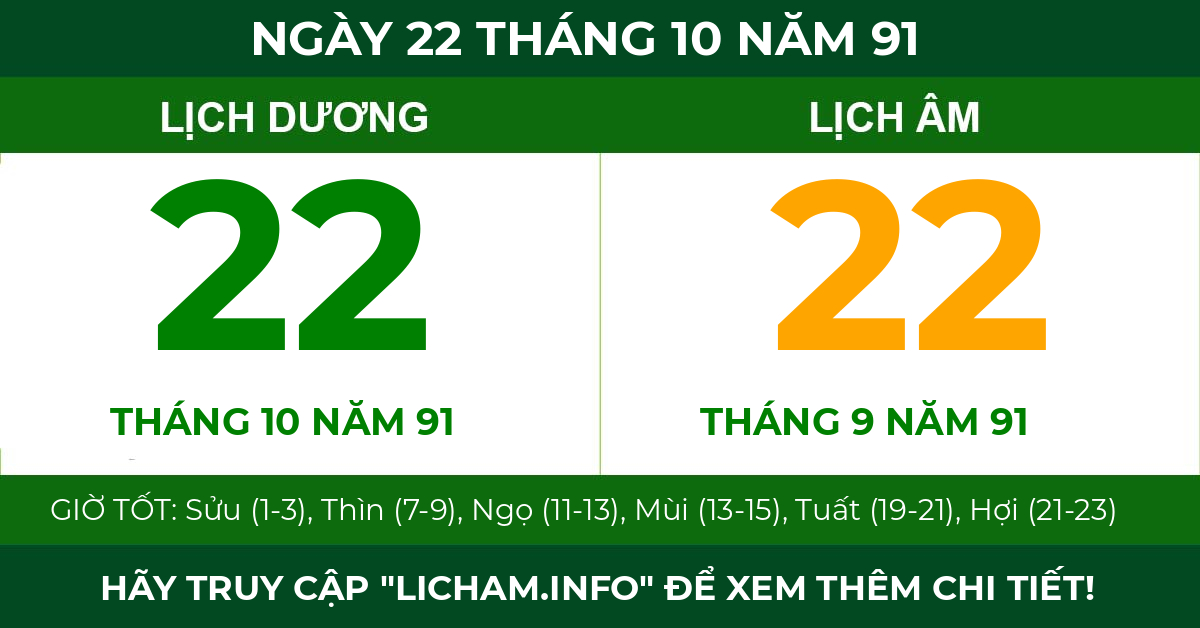 lịch âm ngày 22 tháng 10 năm 91