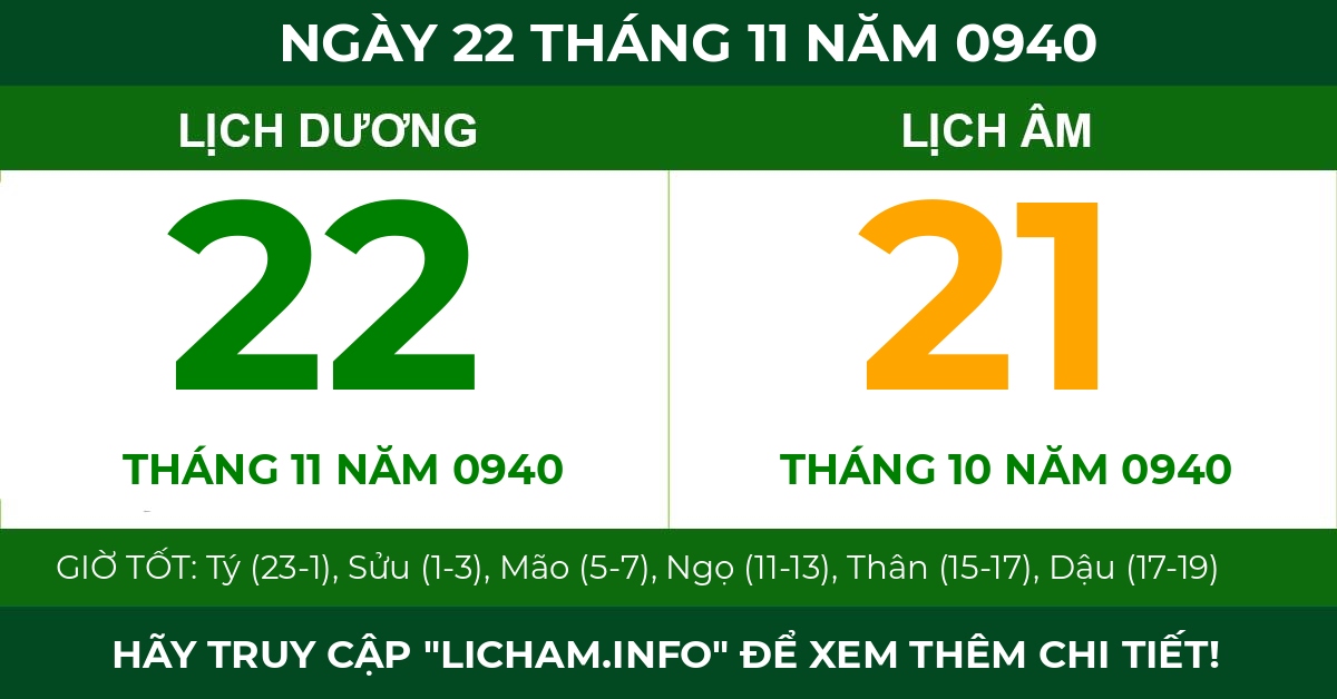 lịch âm ngày 22 tháng 11 năm 0940