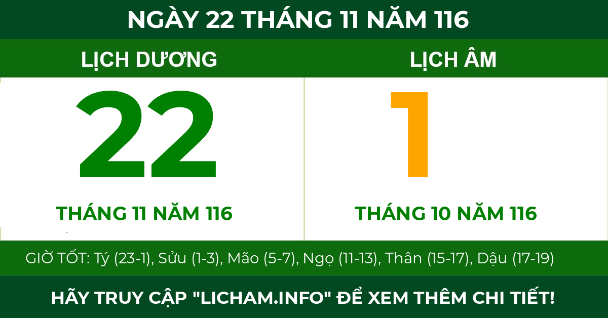 lịch âm ngày 22 tháng 11 năm 116
