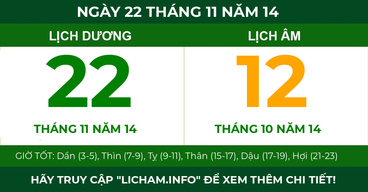 lịch âm ngày 22 tháng 11 năm 14