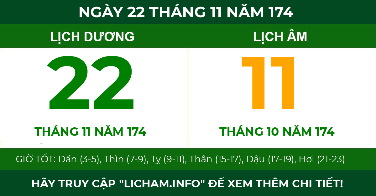 lịch âm ngày 22 tháng 11 năm 174