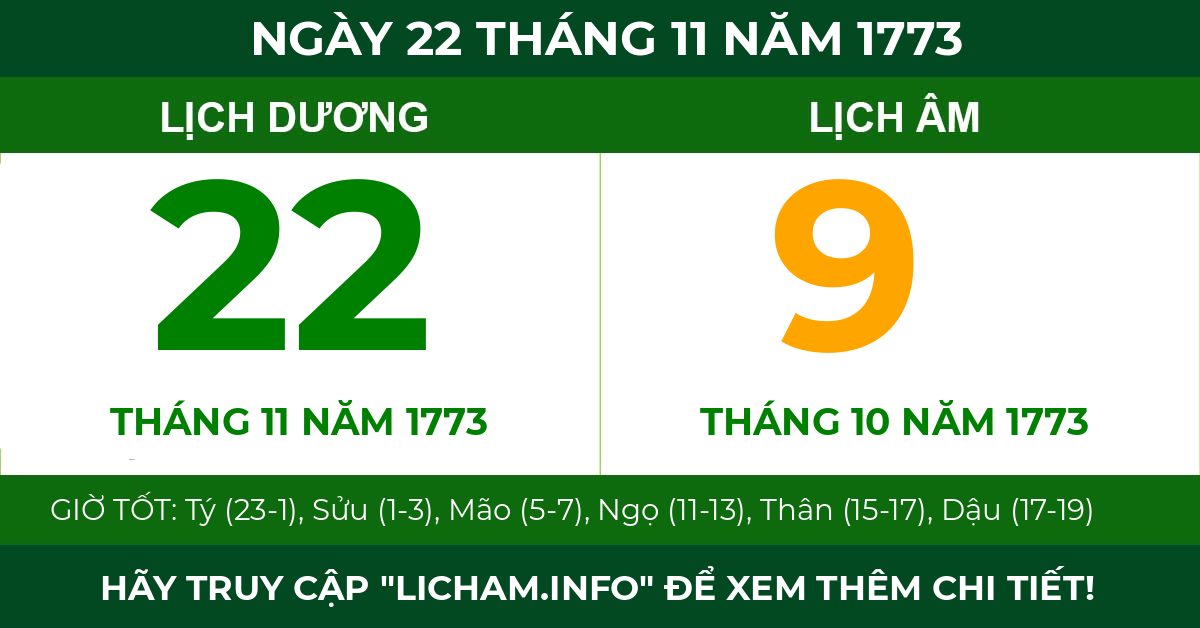 lịch âm ngày 22 tháng 11 năm 1773