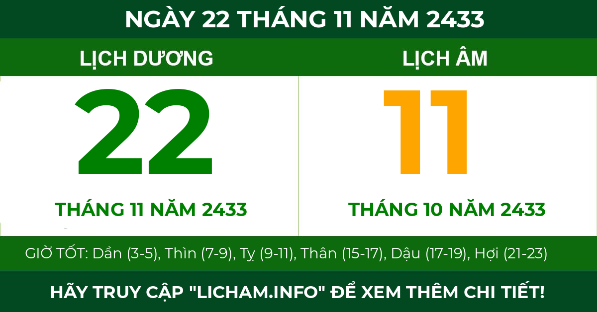 lịch âm ngày 22 tháng 11 năm 2433