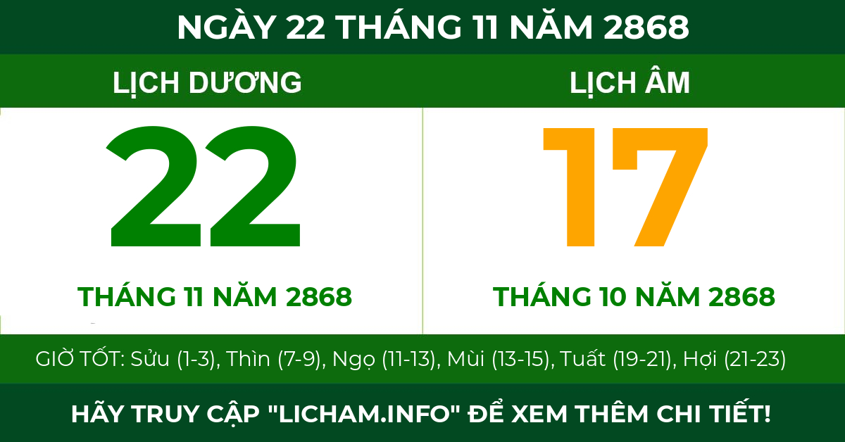lịch âm ngày 22 tháng 11 năm 2868