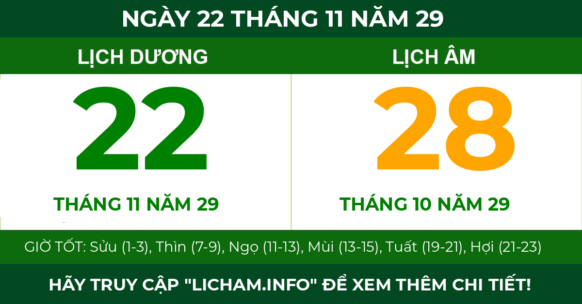 lịch âm ngày 22 tháng 11 năm 29