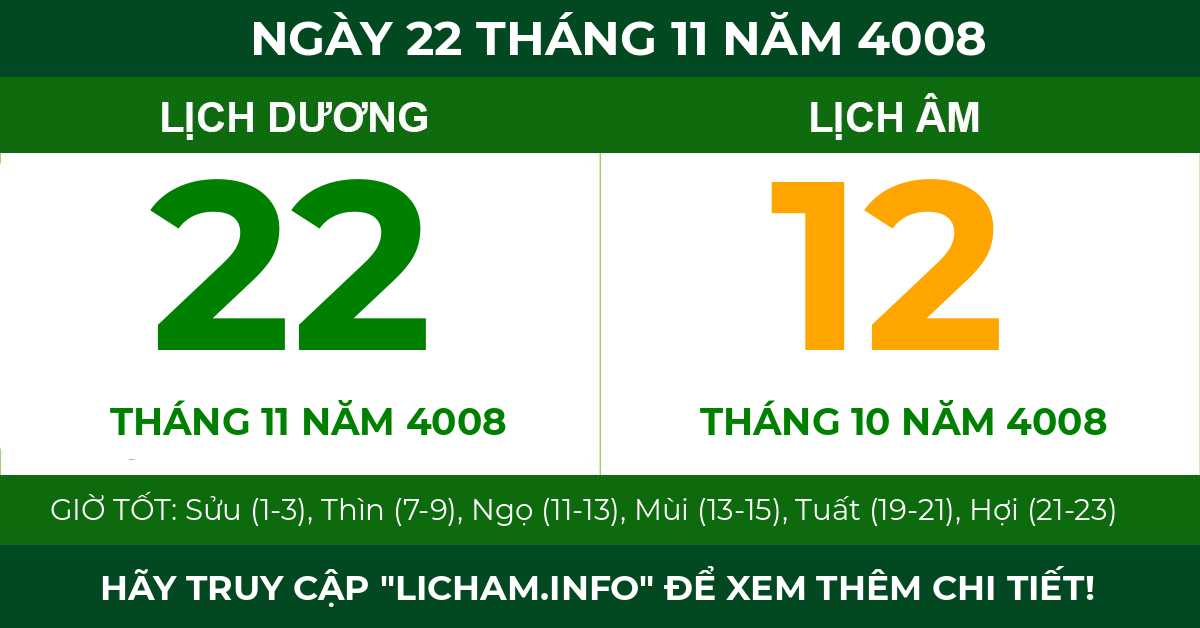 lịch âm ngày 22 tháng 11 năm 4008