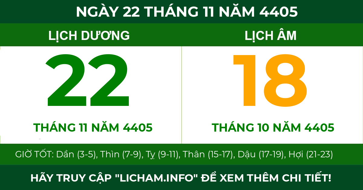 lịch âm ngày 22 tháng 11 năm 4405