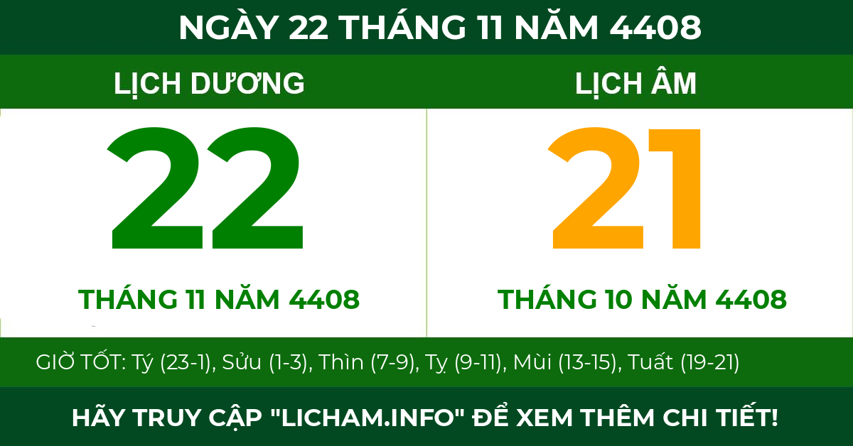 lịch âm ngày 22 tháng 11 năm 4408