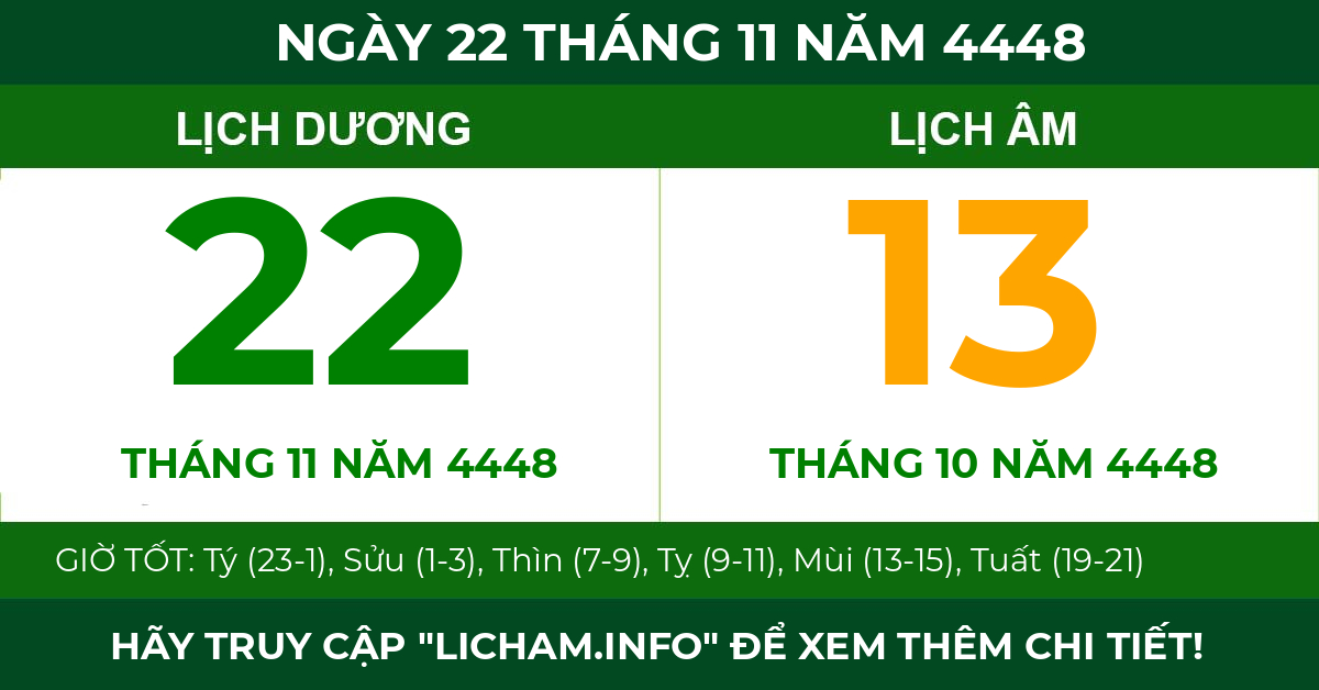 lịch âm ngày 22 tháng 11 năm 4448