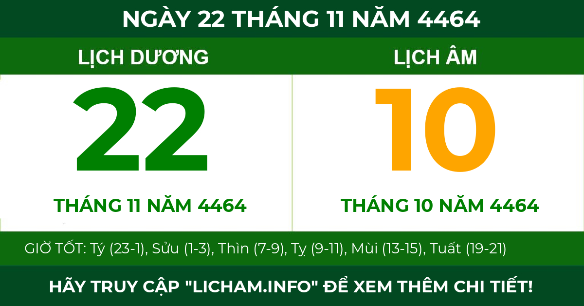 lịch âm ngày 22 tháng 11 năm 4464