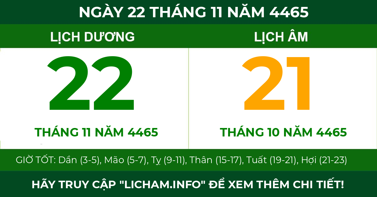 lịch âm ngày 22 tháng 11 năm 4465