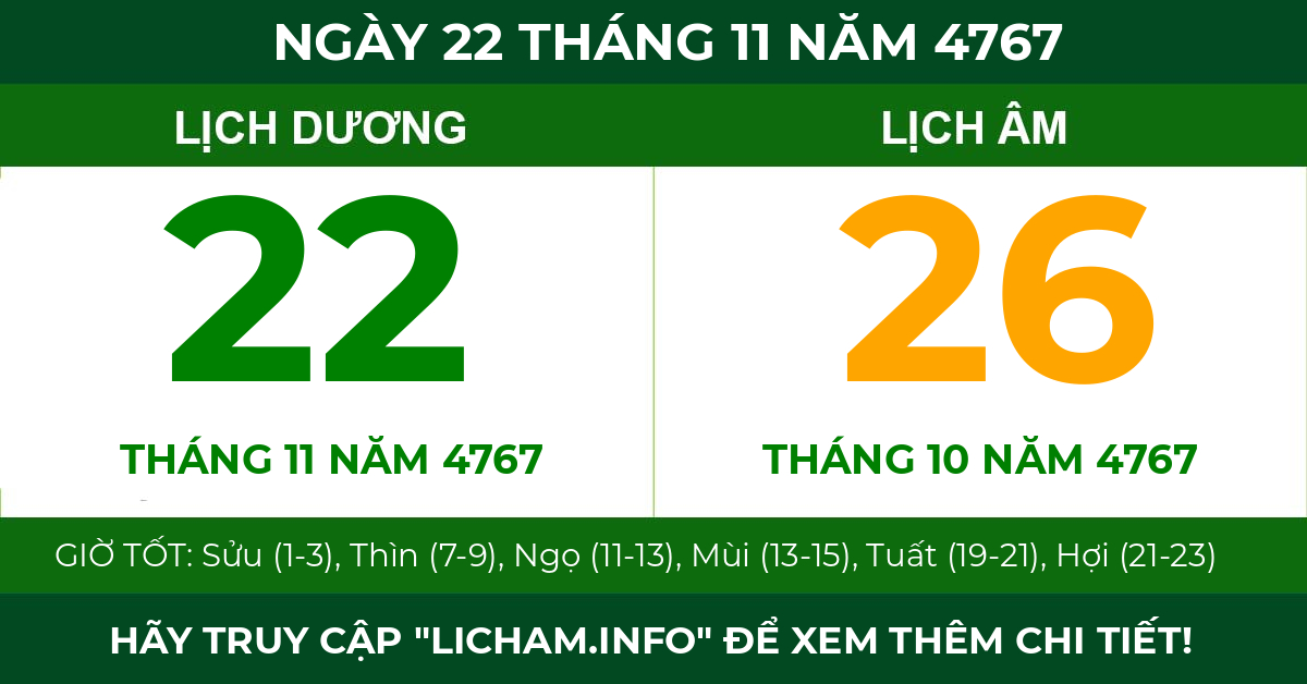 lịch âm ngày 22 tháng 11 năm 4767