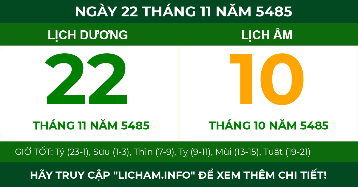 lịch âm ngày 22 tháng 11 năm 5485
