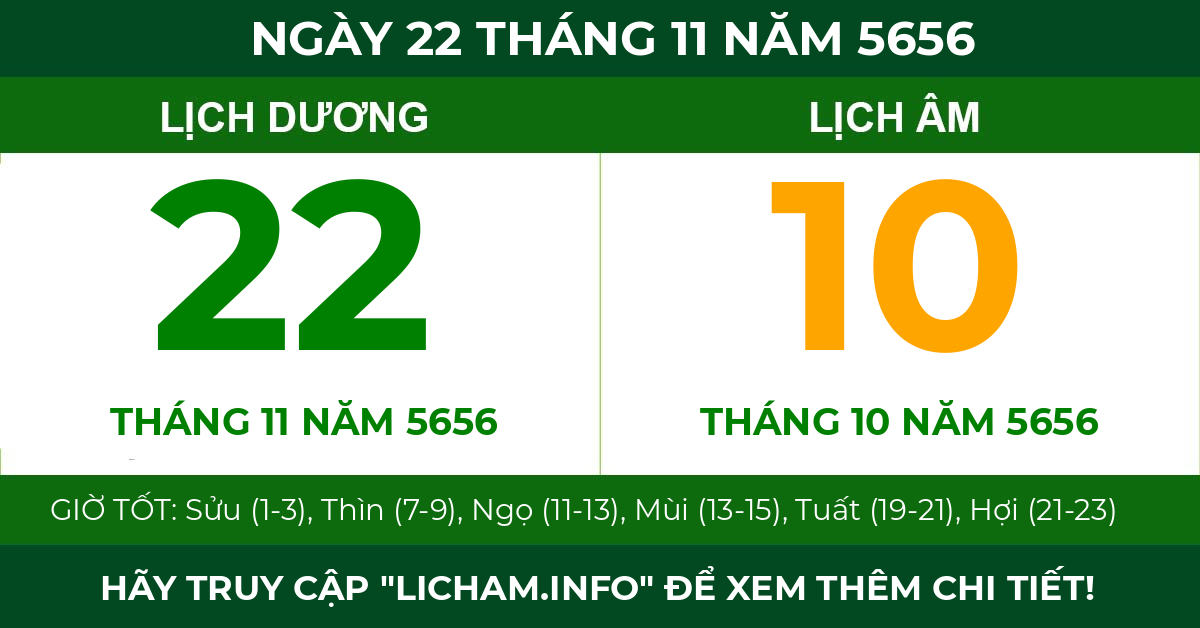 lịch âm ngày 22 tháng 11 năm 5656