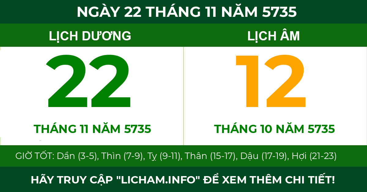 lịch âm ngày 22 tháng 11 năm 5735