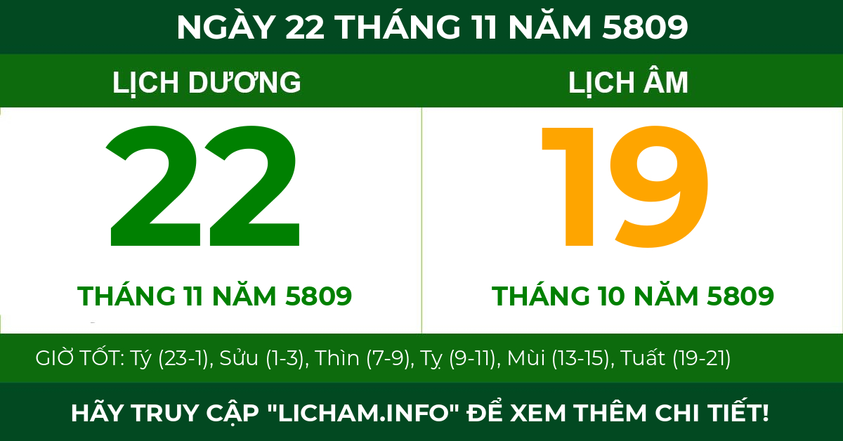 lịch âm ngày 22 tháng 11 năm 5809