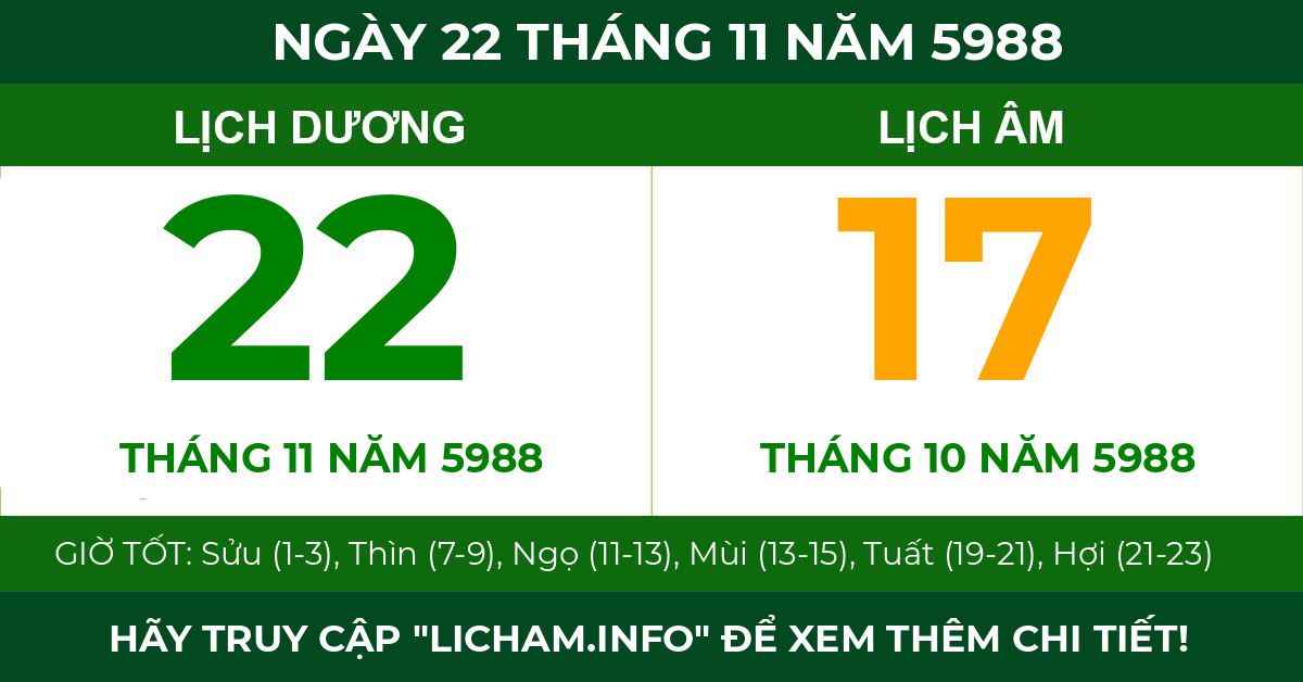 lịch âm ngày 22 tháng 11 năm 5988