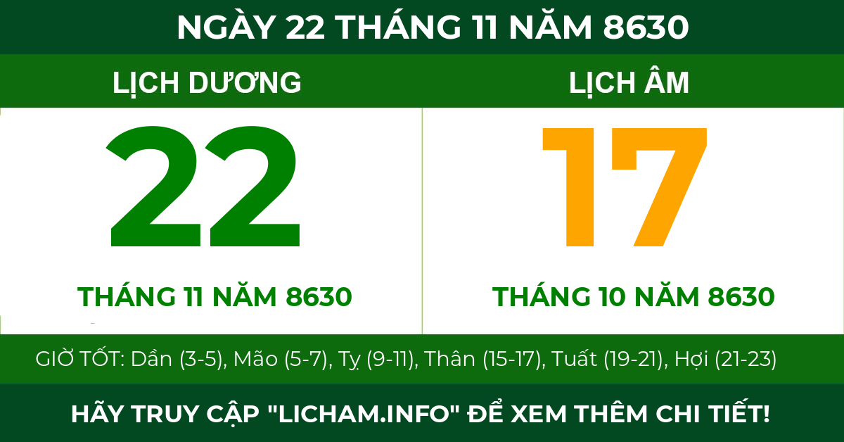 lịch âm ngày 22 tháng 11 năm 8630