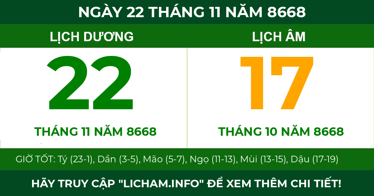 lịch âm ngày 22 tháng 11 năm 8668