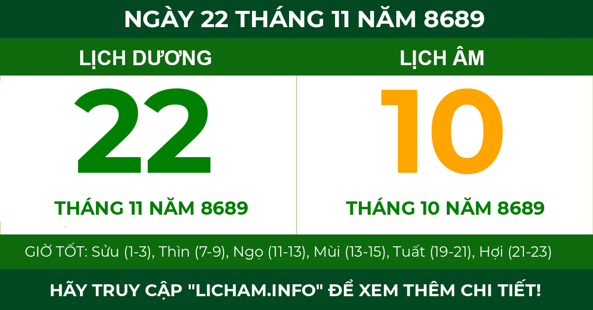 lịch âm ngày 22 tháng 11 năm 8689