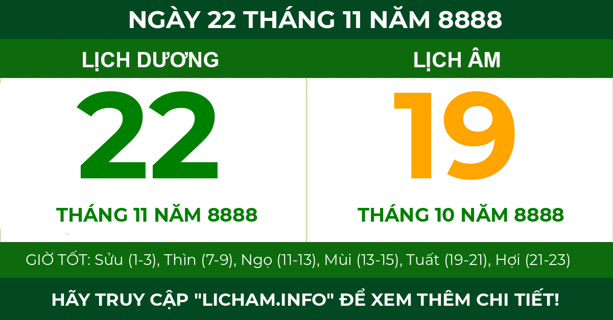 lịch âm ngày 22 tháng 11 năm 8888