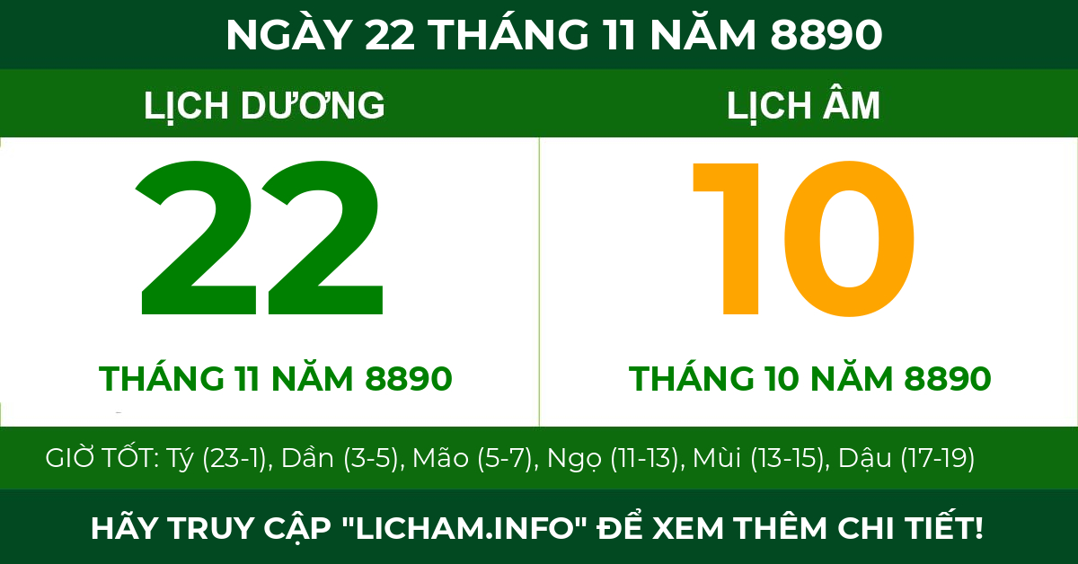 lịch âm ngày 22 tháng 11 năm 8890