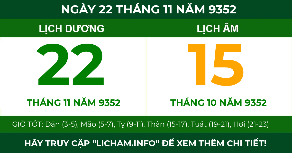 lịch âm ngày 22 tháng 11 năm 9352