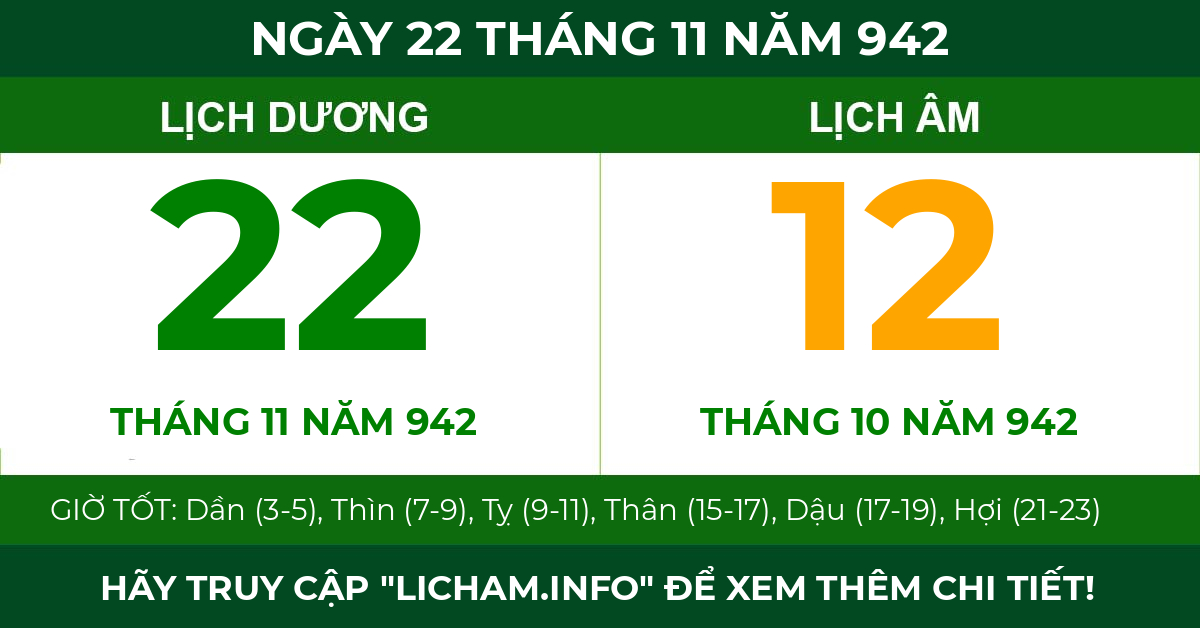 lịch âm ngày 22 tháng 11 năm 942