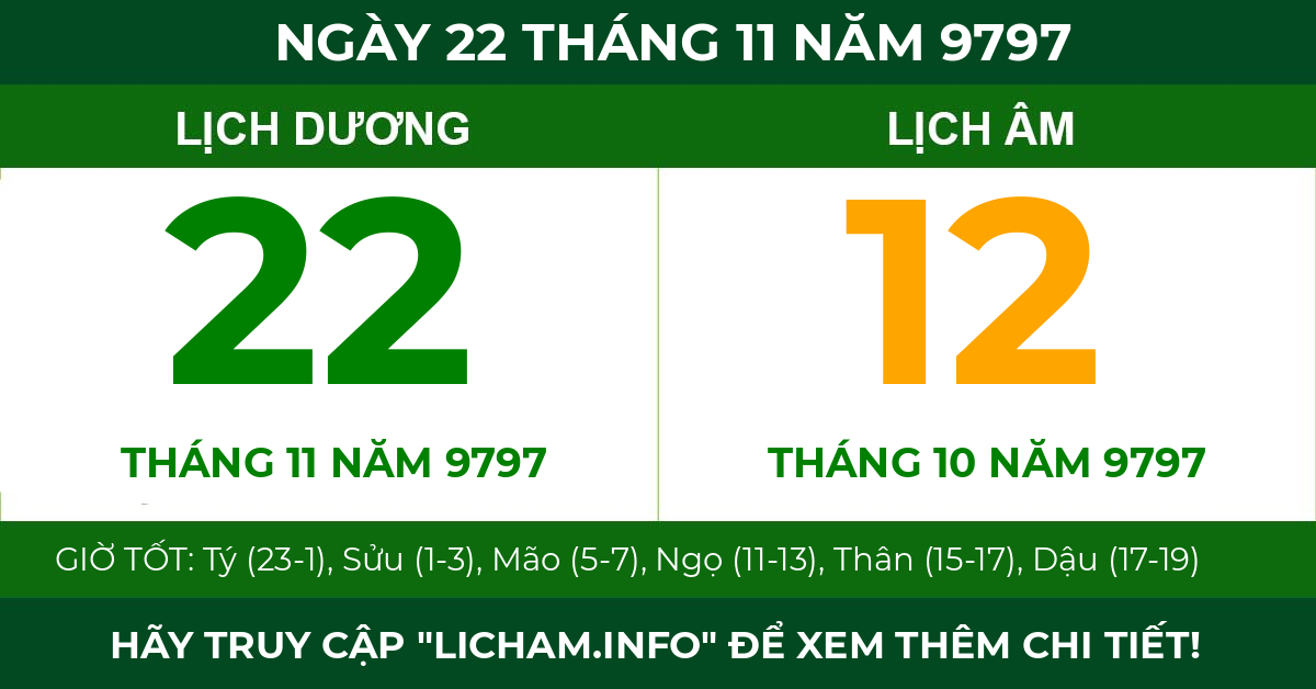 lịch âm ngày 22 tháng 11 năm 9797